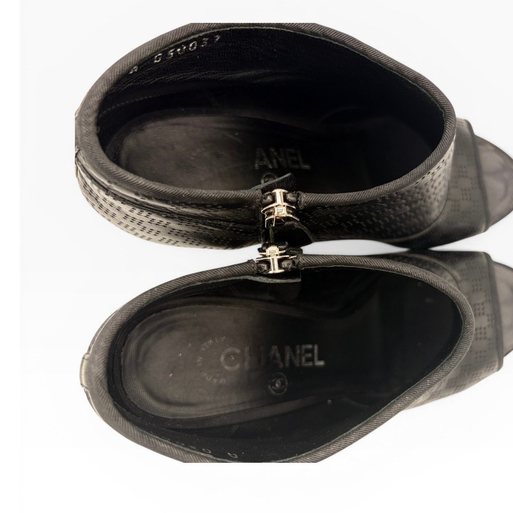 Chanel CC Heel Peep Toe Booties COA 37.5 Black Gold Perforated Leather 4" BOX - Picture 11 of 12